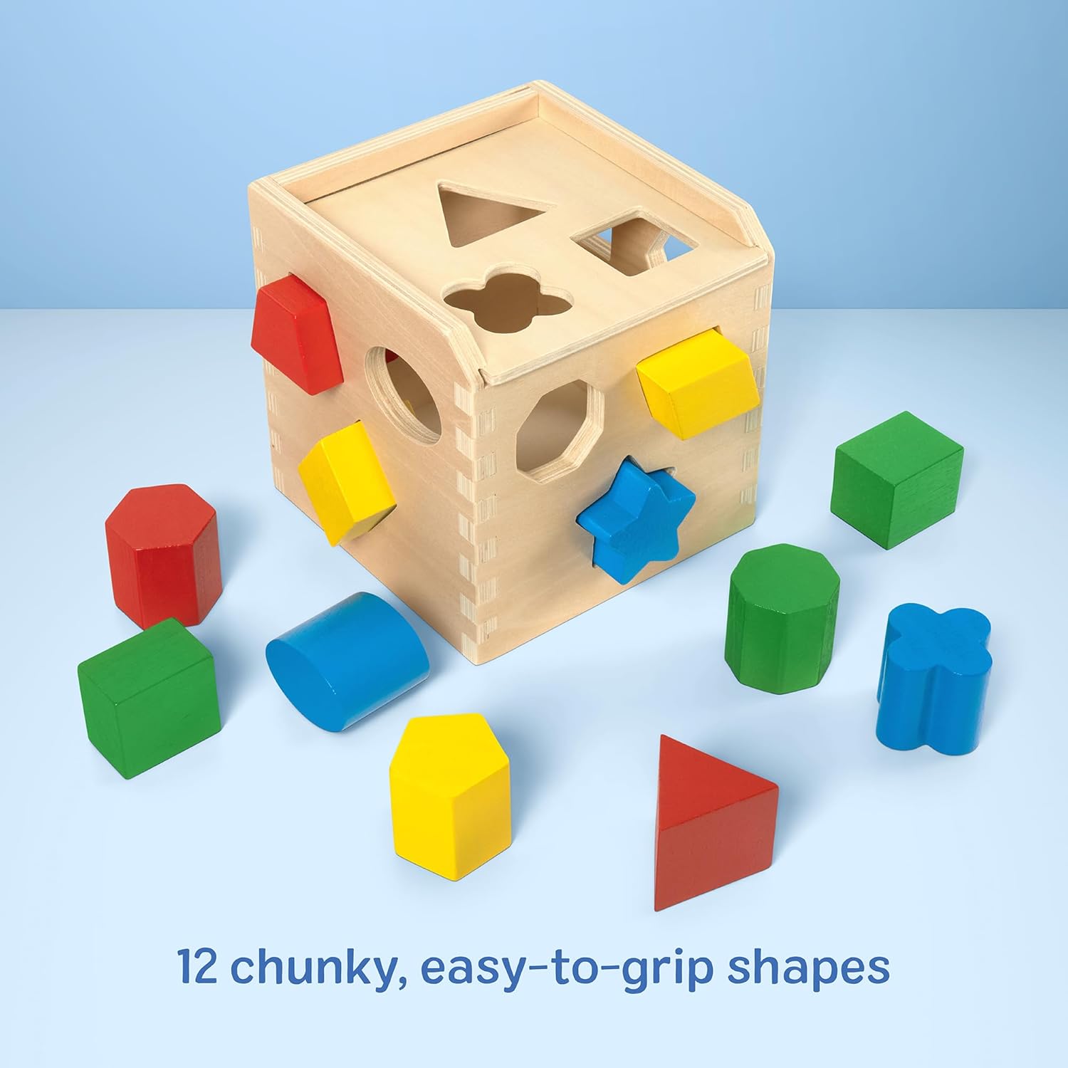Wooden shape sorter Montessori toy for autistic toddlers on white background